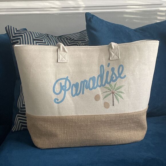 Handbags - Paradise Women’s Resort Ready Woven Tote Bag Tan Blue Snap Closure Large